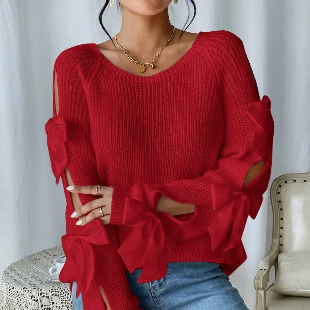 Red Casual Women's Hollow-Out Bow Decor Long Sleeve Sweater - Picture 1 of 5